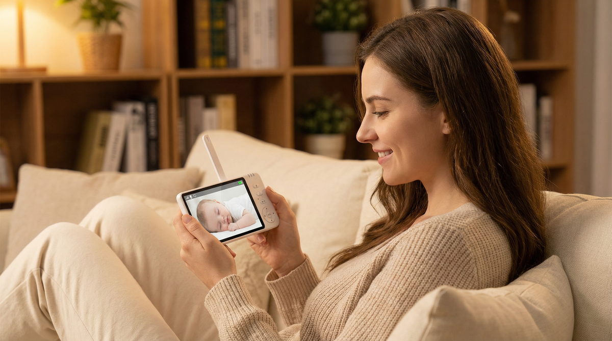 Mother checking baby monitor from living room sofa